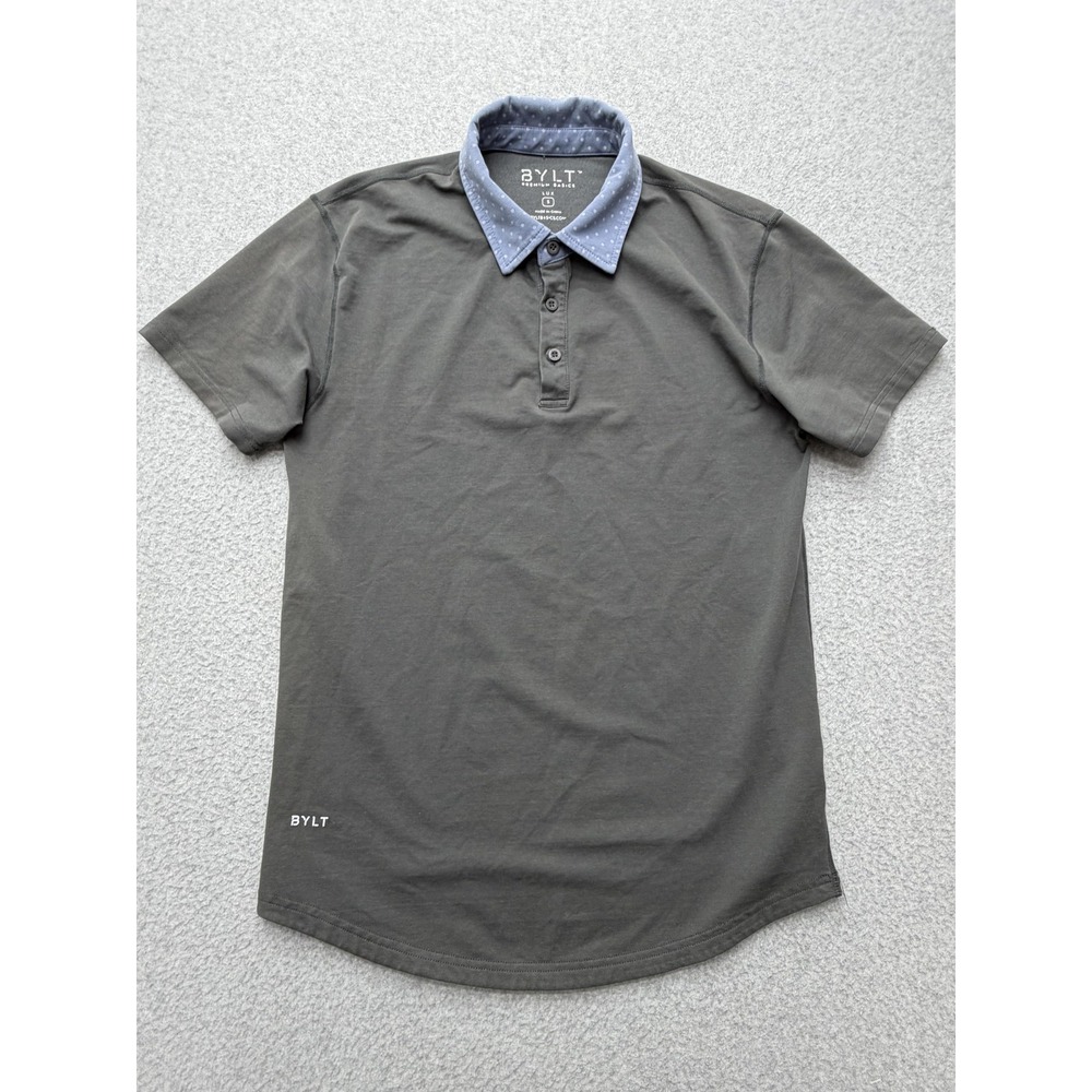 BYLT Lux Polo Shirt Mens Small Gray Contrast Collar Drop Cut Stretch Casual Knit - Picture 1 of 7